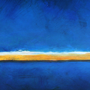 Blue colour field abstract painting with a white and yellow horizontal stripe.