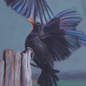 Predominantly blue painting of two blackbirds. One bird is perched on the top edge of a wooden structure. The other bird is in low flight just above the first bird.
