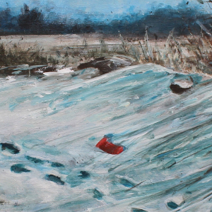 Winter scene of the Welland Canal. Shadowy footprints lead into the painting and towards a red bucket that has been abandonded.