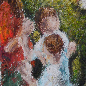 Abstract portrait of a woman with 2 children standing in a group of other people.