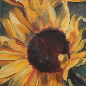 Three sunflowers painted loosely on a dark blueish green background.