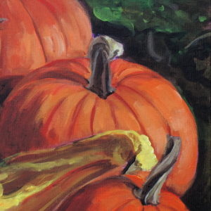 Three pumpkins with several gourds stacked to the left of the painting. There is dark greenery in the background.