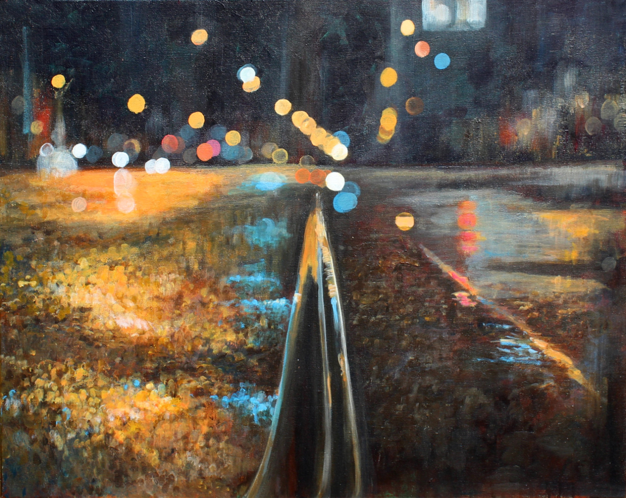 Low-level perspective view of a street car rail. There are bokeh lights of oranges, peach and turquoise converging to the centre of the painting. The street is speckled with oranges, browns and turquoise.