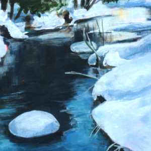 Stream with billowy-white snowbanks. Green trees in the background are backlit by a blue sky.