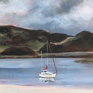 Coastal scene with a few boats mored in a bay. There are rolling hills in the background and a beach in the foreground. The sky is light blue with soft clouds.