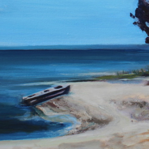 Bright blue, summer painting of a shoreline with a stand of dark-purpleish blue trees on the right. There is a small row boat pulled up onto the shore on the left.