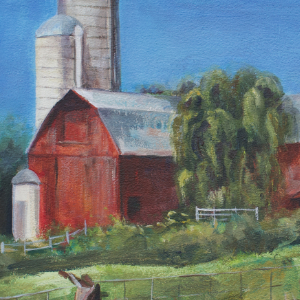 Summer painting of a red barn near Cayuga, Ontario. There is a wire fence in the foreground. The barn sits on rolling hills with a willow tree and some white fencing.