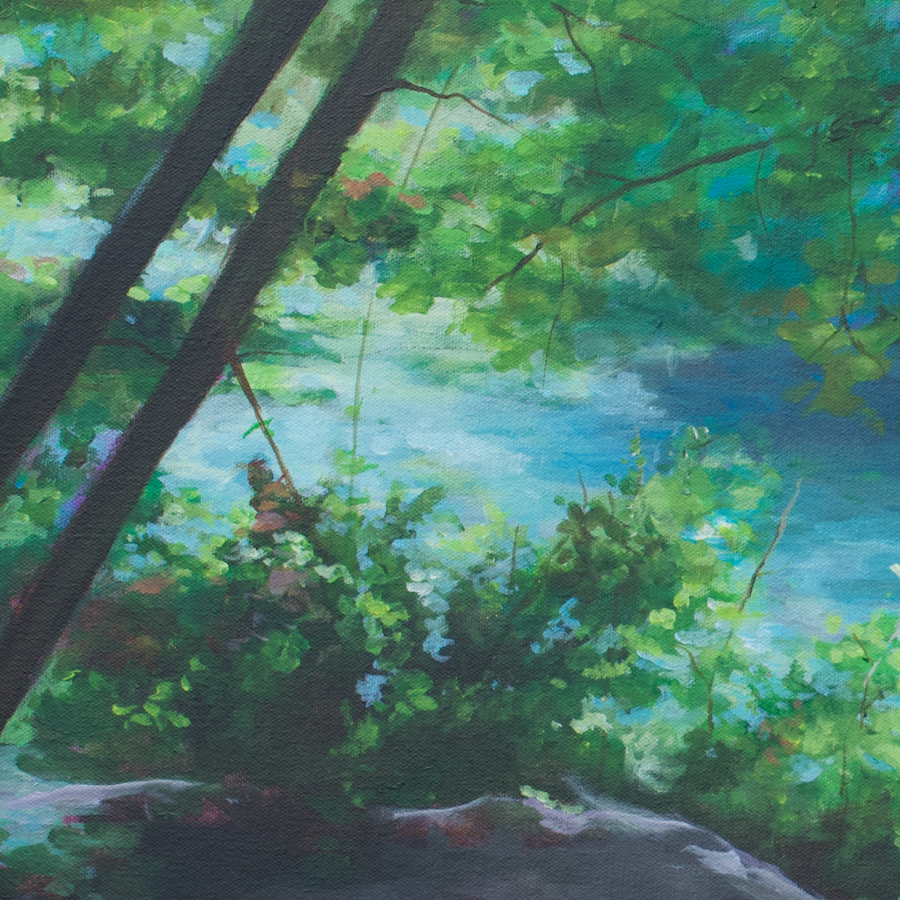 Green and blue river painting with dark trees that are silhouetted in the foreground.