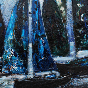 Abstract of three sailboats, predominantly blue in colour.