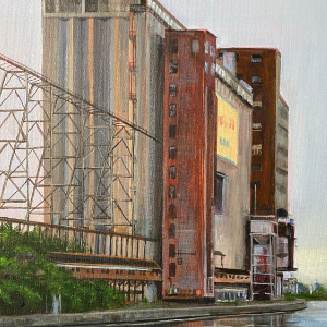 Robin Hood Flour Mill as seen from the walking bridge on the feeder canal in Port Colborne, Ontario.