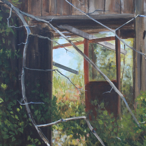 Structure from an abandonded property, there is light shining through the centre where there once could have been walls. Trees and leaves have overtaken much of the building.