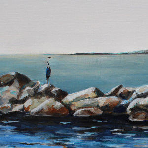 Painting of a lone blue heron perched on some rocks in Lake Erie, near Port Colborne, Ontario.
