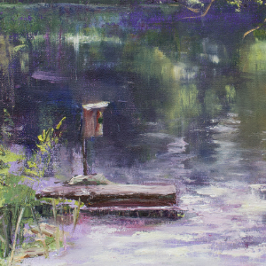 Purple and geen study of a quiet river with trees hanging over the edge. There is a small birdhouse mounted to a log in the foreground.