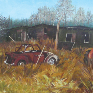 Old and rusted car abandoned in a field of long golden grasses. In the background are some lean-to green sheds.